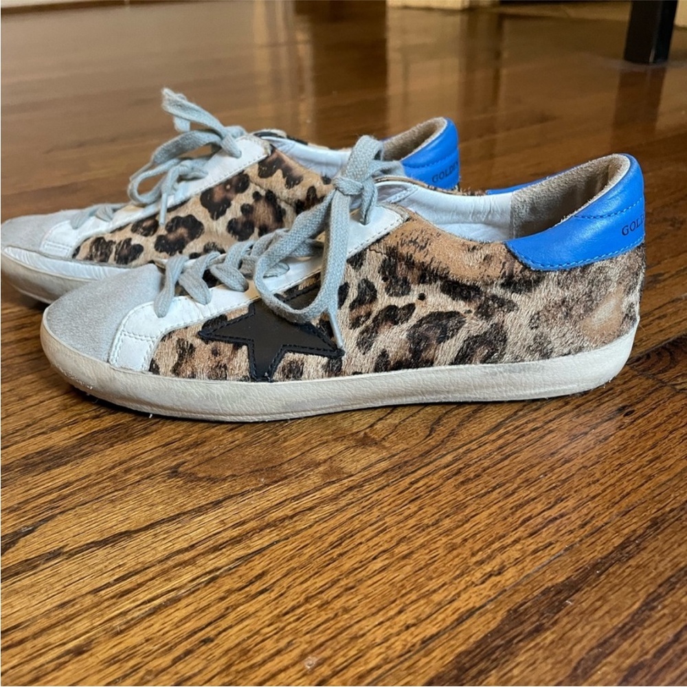 Golden Goose Leopard Print Sneakers with Black Star and Blue Heel